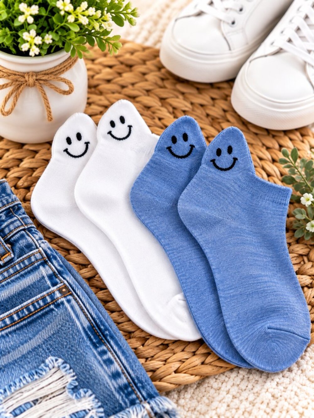 Calectin Smiley Face Ankle Socks 2-Pair Set | NWT